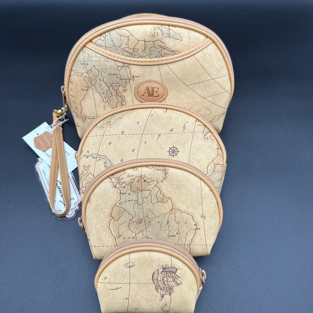 Nesting Doll Make Up Bag World Map Print - Leather‎ Trim New With Tags Vintage